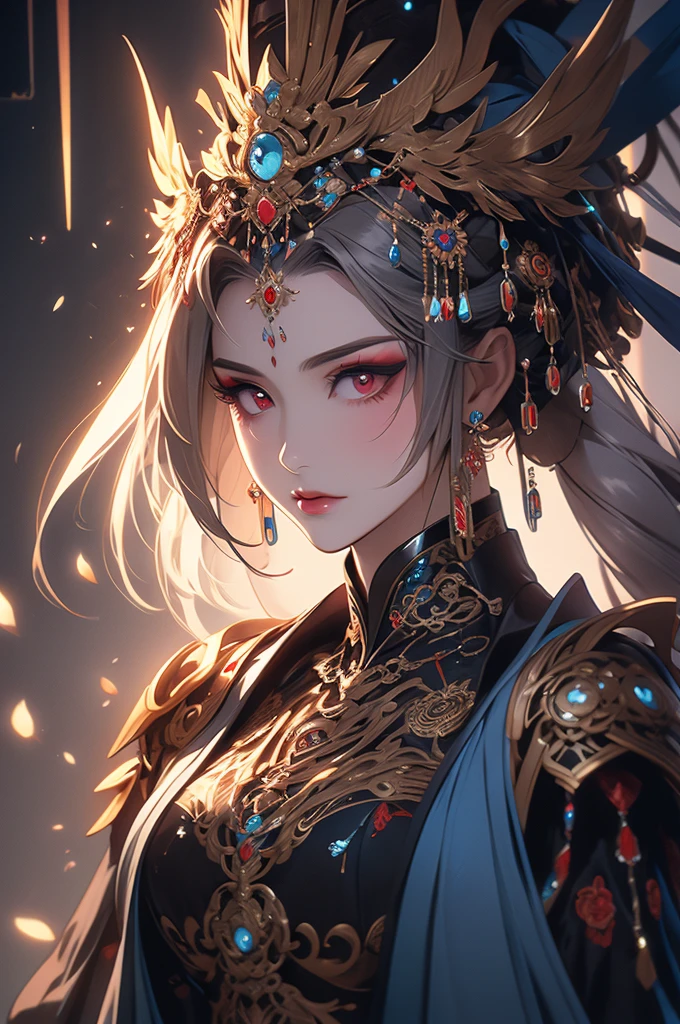 This is an artistic digital illustration portraying the bust of a female figure with cybernetic enhancements and an elaborate mechanical headdress. The figure's facial expression is passive yet intense, with striking red eyes and blue makeup accentuating her features against the contrasting cool metallic tones of the machinery. Rich in detail, the artwork blends organic and mechanical aesthetics, combining smooth human skin with intricate gears, wires, and dripping.