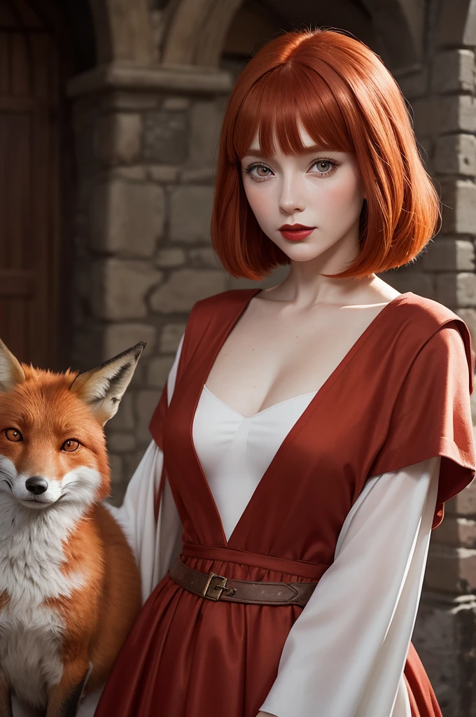 Drawing of a red-haired woman with red copper hair and a bob cut with bangs, white skin, thin nose, medium mouth and red lipstick and blue big eyes in a medieval setting with a fox in her arms