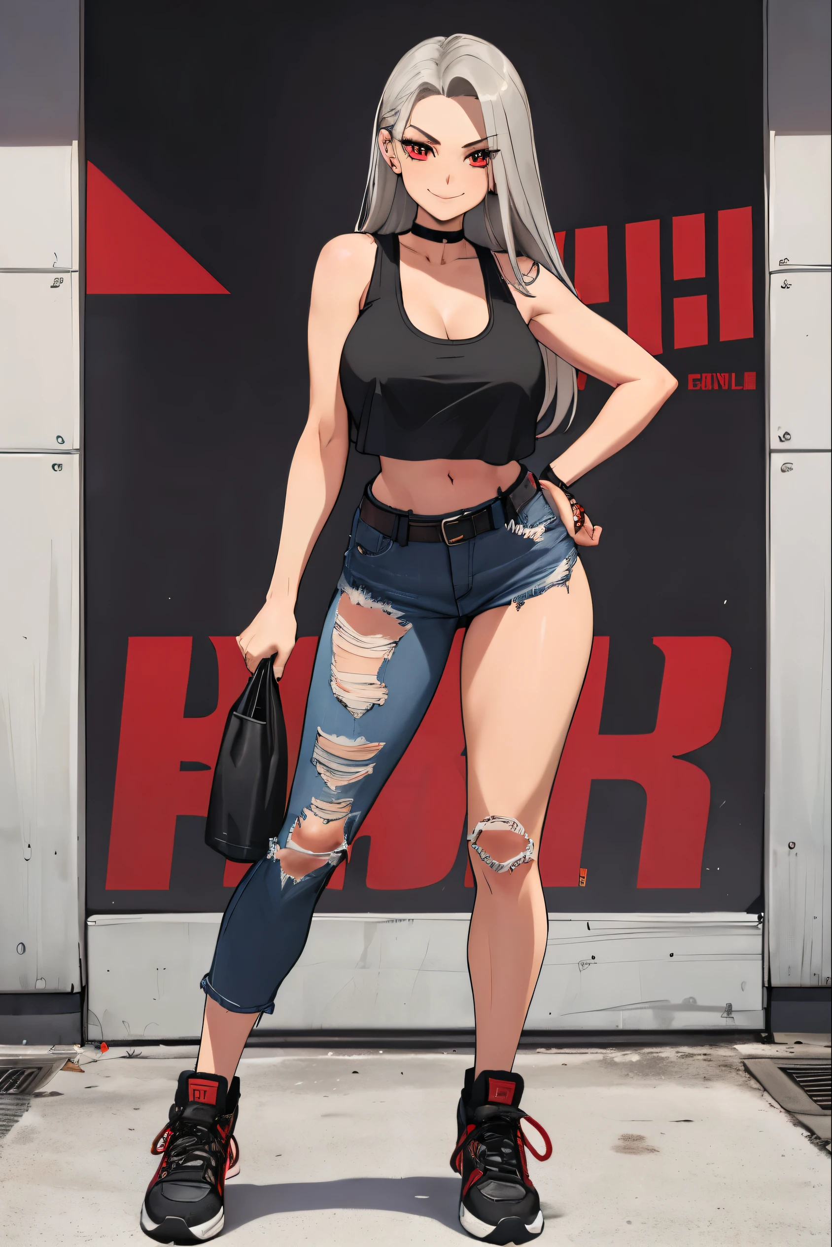 female, silver long hair with black highlights, red eyes,(((full body))), (((1girl))), (((red cropped tank top))), (black denim jeans), (black sneakers), (black belt), (black choker), cute and sexy, full body, large breasts, large butt, long legs, smiling