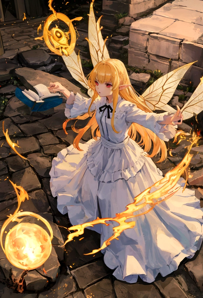 Fairy girl with wings and a book in hand, Classic Long Dress, Fairy Wings, Red eyes and Blonde Hair, Golden Hair, Serious face, Magic, arcane powers, RPG Character, pointy ears, look serious, casting a spell, casting a fire spell, action scene, in a battle, fighting scene, fire, 4k, full hd, detailed image, high quality image