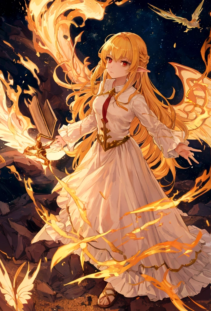 Fairy girl with wings and a book in hand, Classic Long Dress, Fairy Wings, Red eyes and Blonde Hair, Golden Hair, Serious face, Magic, arcane powers, RPG Character, pointy ears, look serious, casting a spell, casting a fire spell, action scene, in a battle, fighting scene, fire, 4k, full hd, detailed image, high quality image