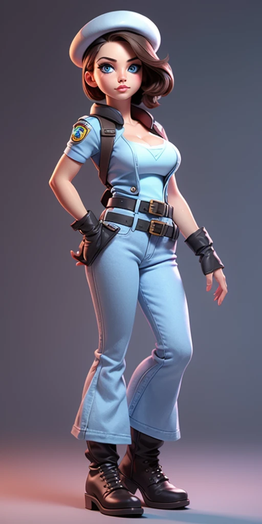 Jill Valentine, full body, masterpiece, best quality, 1girl, solo, standing, jillre1, beret, uniform, shoulder pads, short sleeves, harness, belt, bell-bottom blue pants(Wide flares on pants:1.2), cleavage, black boots, full body, perfect blue eyes, perfect red mouth,
