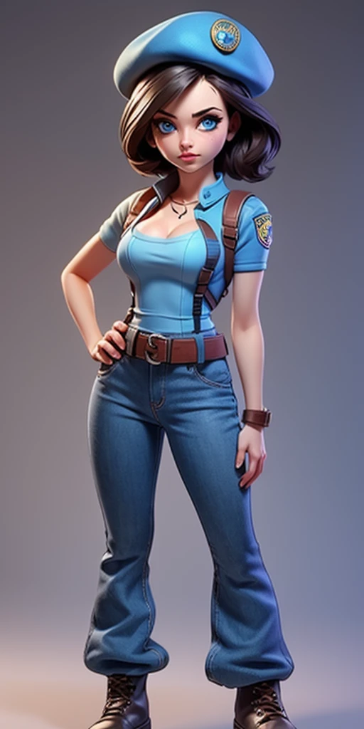 Jill Valentine, full body, masterpiece, best quality, 1girl, solo, standing, jillre1, beret, uniform, shoulder pads, short sleeves, harness, belt, bell-bottom blue pants(Wide flares on pants:1.2), cleavage, black boots, full body, perfect blue eyes, perfect red mouth,