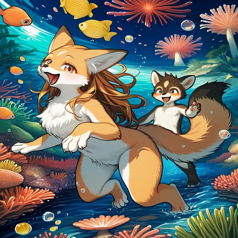 cover_page, High resolution, highest quality, highest quality, Paid reward available, High-quality illustrations, An unparalleled masterpiece, Perfect artwork, Absurd, 超High resolution, Detailed Background, seabed, Coral Reef, bubble, boy, girl, Happy, Joyful(kemono, Furry Personification),genitals，