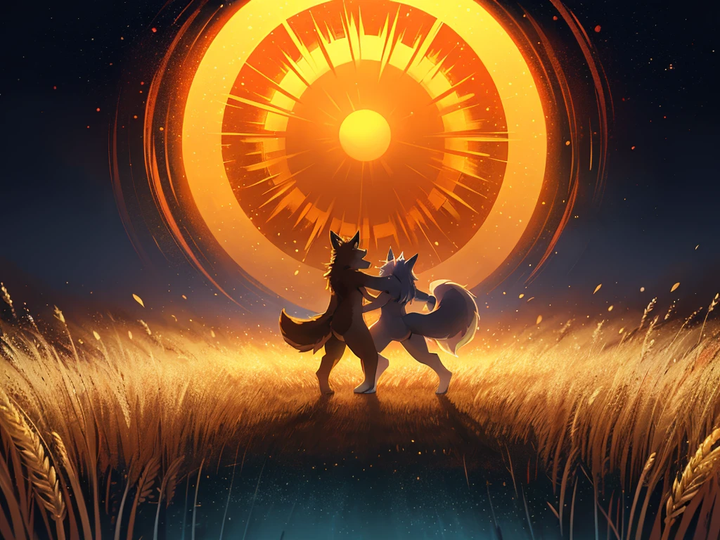 (Fill the drawing with bright colors and Japanese strokes:1.3) , Hallucination, daydream , nightmare , bokeh , Wolves dancing in a sea of golden wheat , sun set