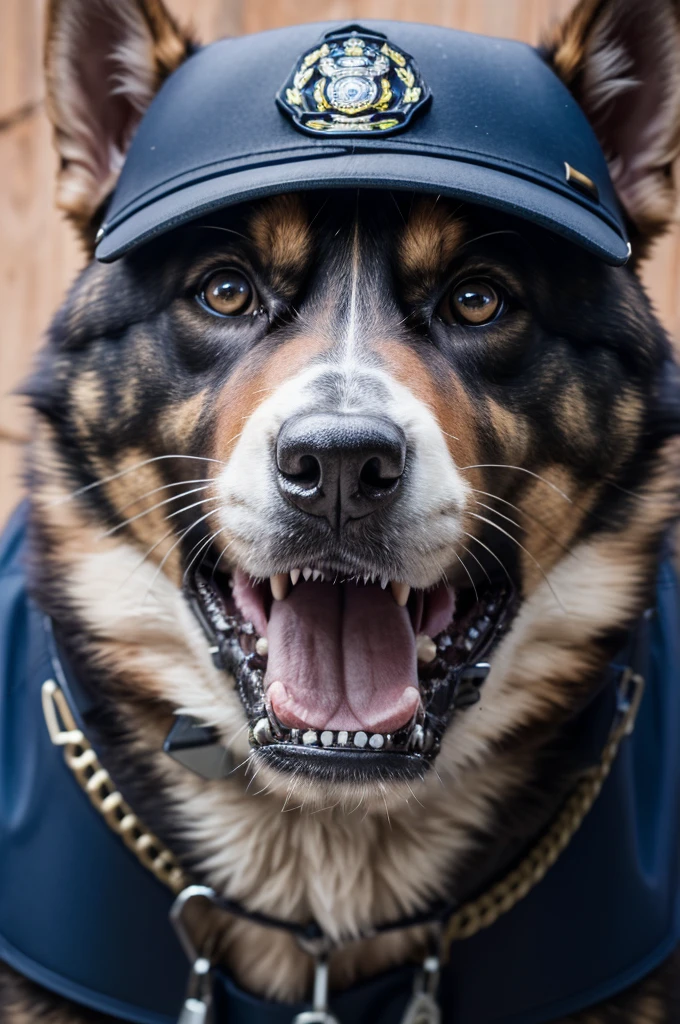 an anthropomorphic Nuggu police dog dressed as a police officer growling slightly at a suspect, masterpiece, best, photo realistic