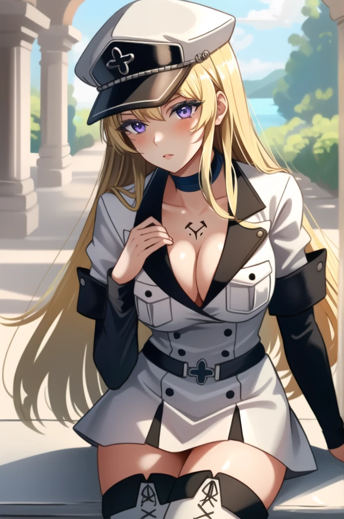 (masterpiece, best quality), intricate details,
1girl, Constance, blonde hair, purple eyes, long hair, hat, peaked cap, military, uniform, military uniform, choker, thighhighs, boots, thigh boots, white footwear, chest tattoo,