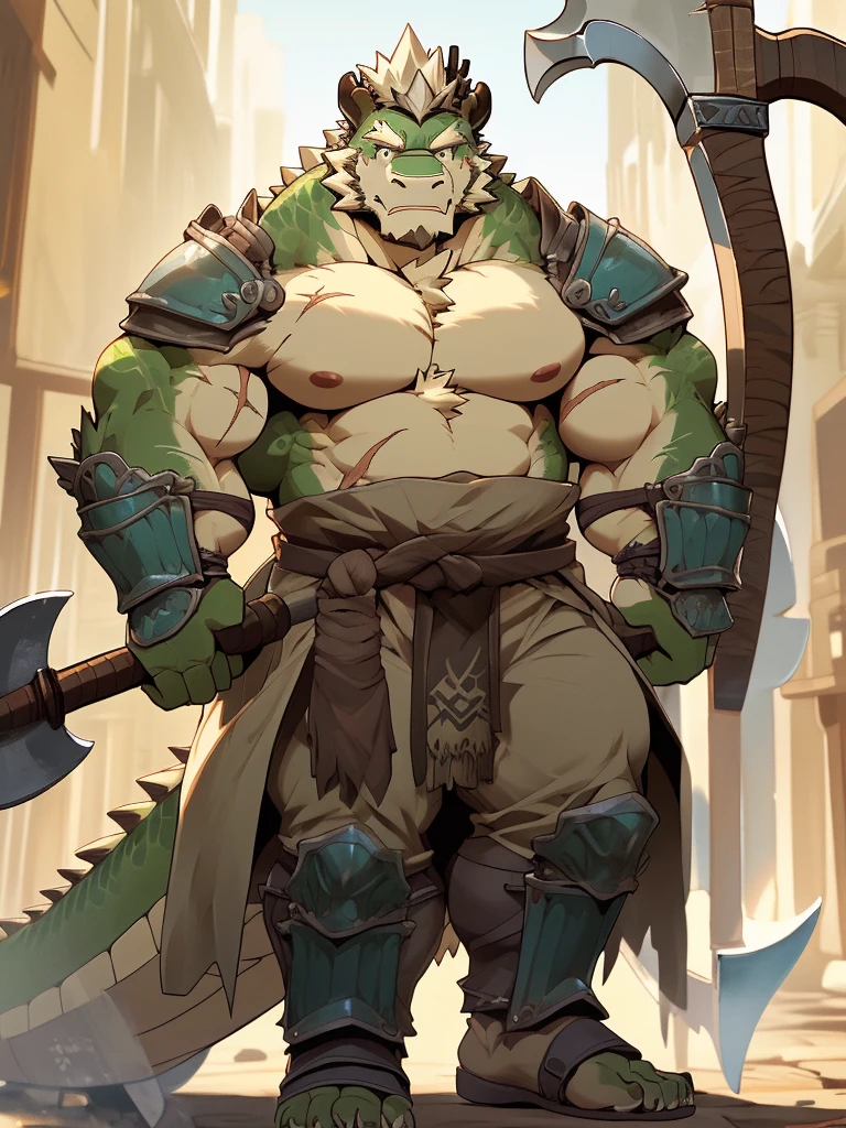 a furry eastern dragon, long whisker, green fur, bare chest, big chest, big build, warrior waist armor, sandal, ((eastern dragon), ((green dragon)), ((waist armor)), furry art, full body, mature, tall, daddy, muscular, rounded face, ((no coat)), ((berserker)), scar body, (scar), bare body, many scars on body, scar face, long beard, very muscular, beefy body, (((bare chest))), (((large pecs))), (((great axe))), 