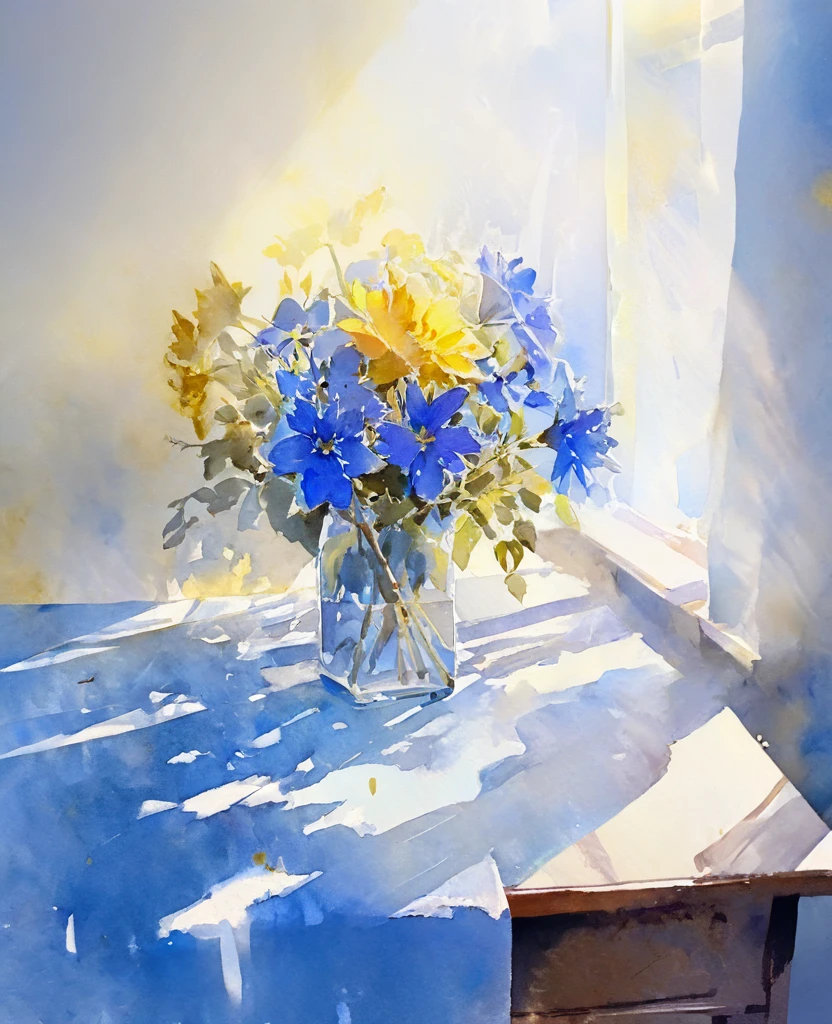 Withered bouquet on a desk,Watercolor,blue flower,Yellow Flower,Light is shining through the window