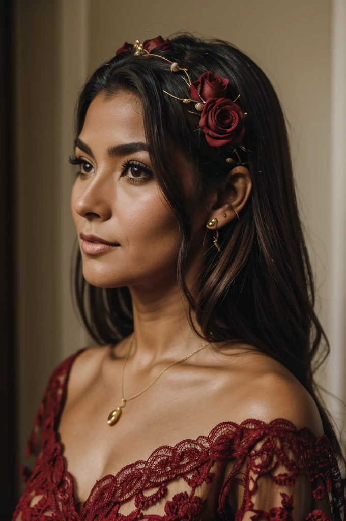 8K, Foto CRU, Fujifilm, foto estilo de uma linda mulher de 45 anos, Rosto quadrado, a red rose on the neck, usando vestido de renda preto com vermelho, brincos de ouro, Strong features like a spinning dove, (pele altamente detalhada: 1.2), medium brown hair with lights, film grain, 35mm, estilo fofo