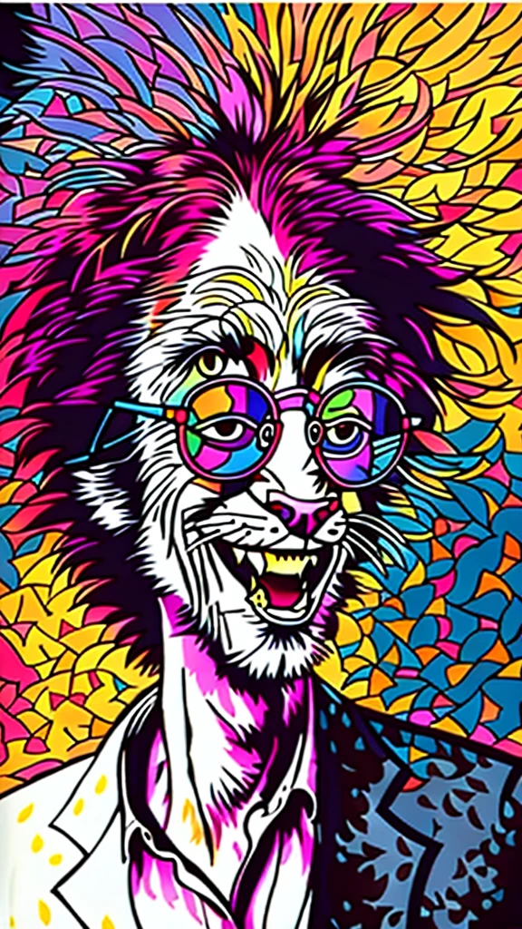 [nfts avatar style art] A colorful portrait of a cat with glasses and a suit jacket, cartoon style, splashes of color*, cartoon portrait, portrait happy colors, caricature illustration, ultra-detailed,cartoon!!! , inspired by art Bored Ape Yacht Club, hippie, color portrait, cartoon,