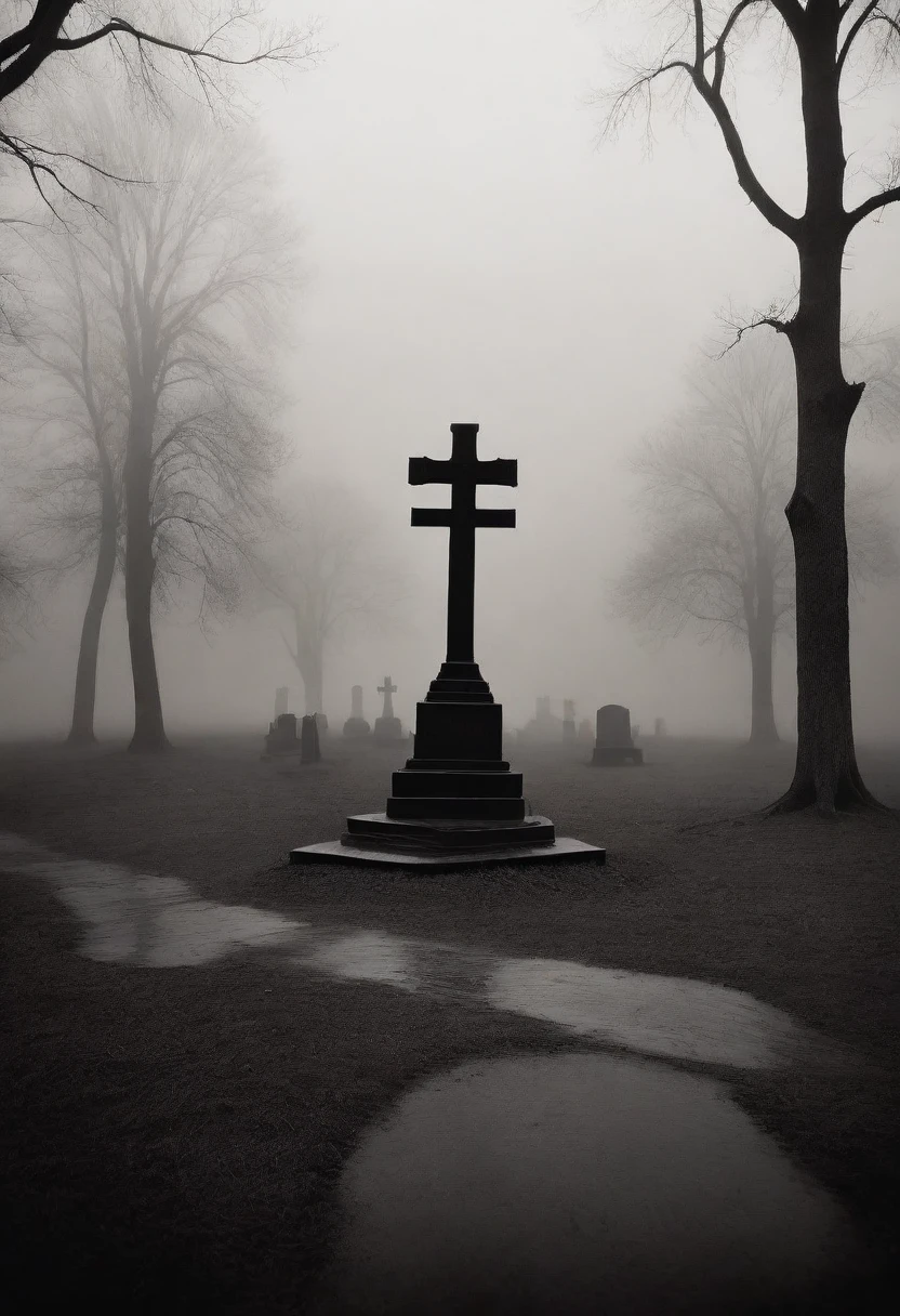 gravure style image of a medieval gravure by Gustave Dore, Natalia Drepina and Brooke Shaden surreal postcard on a cracked paper, extremely dynamic, unusual , vintage, black metal style vintage distressed black and white xerox of an evil cemetery at night with fog sorrounding the graves, seen from below, {{{masterpiece}}}, best quality, {{top quality}}, (black metal album cover), black and white pencil ansel adams picture of the experience of madness in the context of depression. Depict this inner struggle through the image of an evil cemetery at night in a dark and gloomy space, very dark cemetery (dead branches), reflecting sadness and despair. Use muted colors and cool tones to convey melancholy. Incorporate abstract elements that suggest a distorted perception of reality. The image should be both poignant and respectful towards those facing depression, kodak portra 800t, hasselblad, 35mm effect, eerie, gloomy, foggy, motion blur