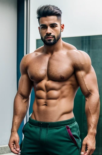 Man, anime, cabelos pretos, cabelos longos, cabelos muito longos, cabelo entre os olhos, olhos verdes, Pupilas verdes,sorrir, tatuagem no peito, tatuagem, Pants, sozinho, Foco masculino, Olhando para o Viewer, macho de peito nu, musculoso, qualidade de obra prrima, 4k, Ultra Detalhe