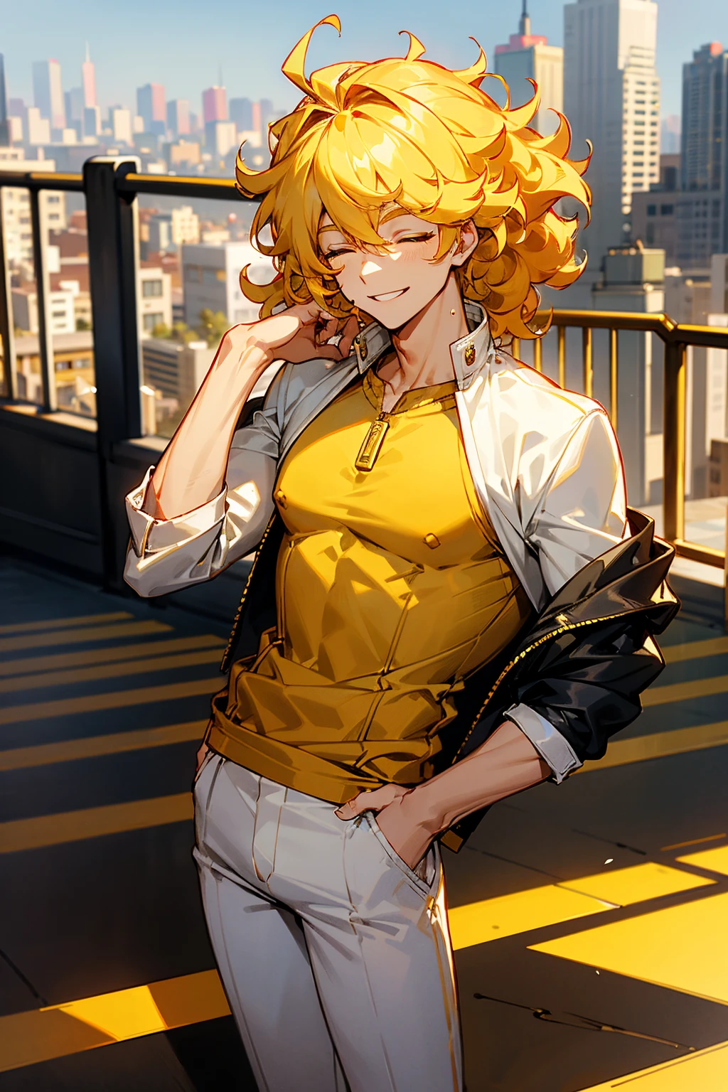 1male, curly hair, yellow hair, golden eyes, smiling, golden grills, closed eyes, white tanktop, golden lined jacket, white pants, city background, detailed background, hands to side, standing on path
