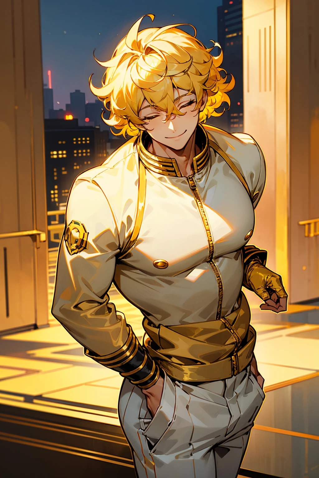1male, curly hair, yellow hair, golden eyes, smiling, golden grills, closed eyes, white tanktop, golden lined jacket, white pants, city background, detailed background, hands to side, standing on path
