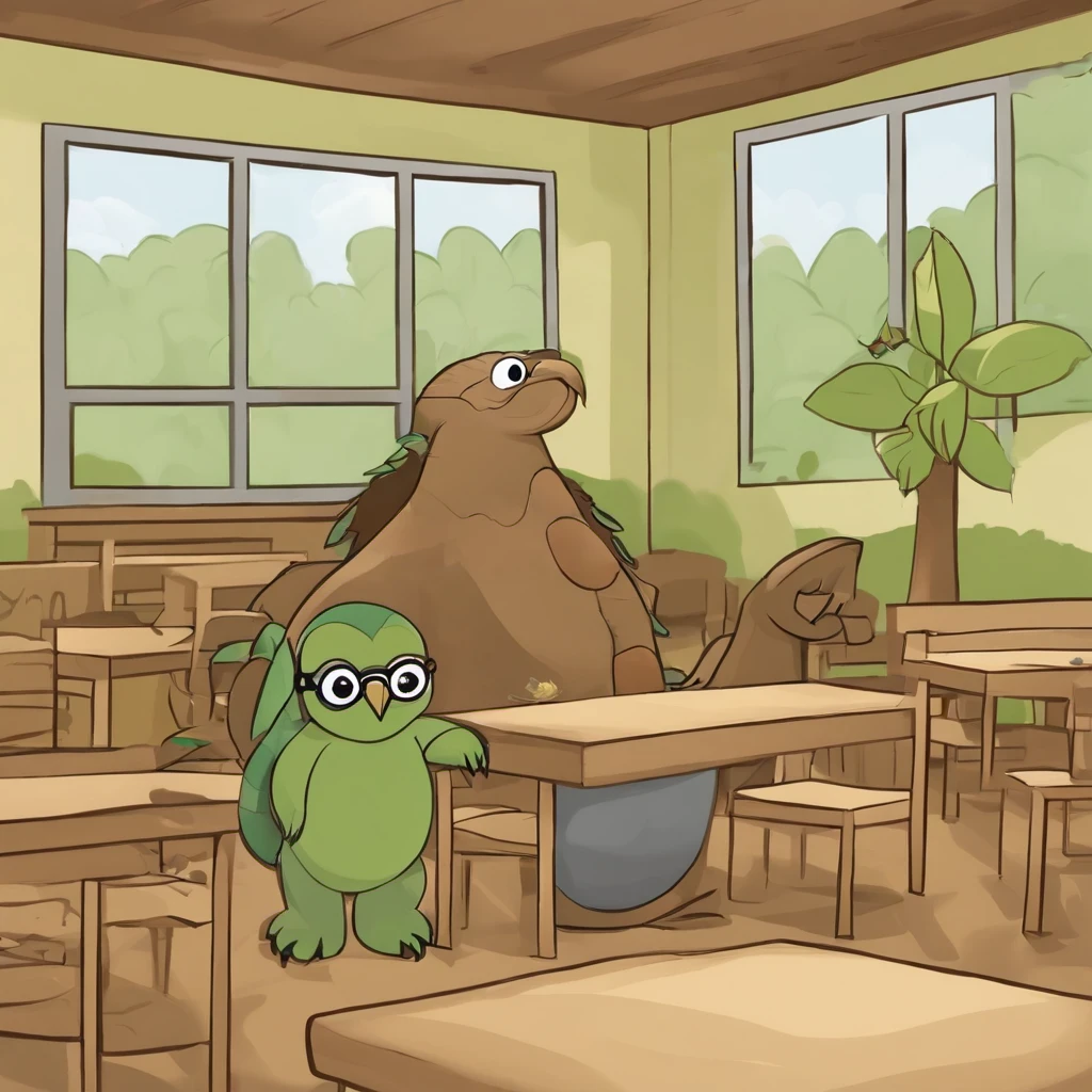 make a page of a fable with this information below all the characters are animals I don't want them to be human The title is An animal school environment: a dense forest that appears to be a classroom with the teacher being a snake and the other animals being students student:the turtle that has claw scars on its shell and is sitting on a tree stump doing some school activity on a large tree leaf student:a porcupine with the tip of its white quills that is talking to the teacher what is a snake that is near her desk what is a tree trunk student:a bull that has one of its two horns partially broken he is leaving the room to go to the student bathroom:blind owl with completely white eyes she is getting help from her monkey colleague who helps her do her homework on her big tree leaf teacher: a snake wearing janitor teacher glasses an octopus that is removing rubbish from the classroom floor and putting it in a black rubbish bag when there is a student: is to make the animals described with this student: sitting in his seat doing what any student would do, the teacher: is playing the role of a teacher