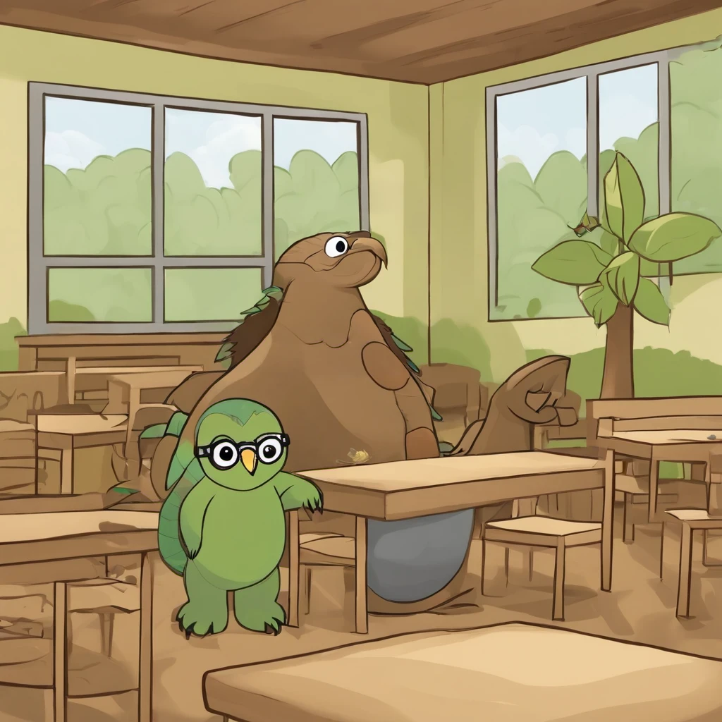 make a page of a fable with this information below all the characters are animals I don't want them to be human The title is An animal school environment: a dense forest that appears to be a classroom with the teacher being a snake and the other animals being students student:the turtle that has claw scars on its shell and is sitting on a tree stump doing some school activity on a large tree leaf student:a porcupine with the tip of its white quills that is talking to the teacher what is a snake that is near her desk what is a tree trunk student:a bull that has one of its two horns partially broken he is leaving the room to go to the student bathroom:blind owl with completely white eyes she is getting help from her monkey colleague who helps her do her homework on her big tree leaf teacher: a snake wearing janitor teacher glasses an octopus that is removing rubbish from the classroom floor and putting it in a black rubbish bag when there is a student: is to make the animals described with this student: sitting in his seat doing what any student would do, the teacher: is playing the role of a teacher