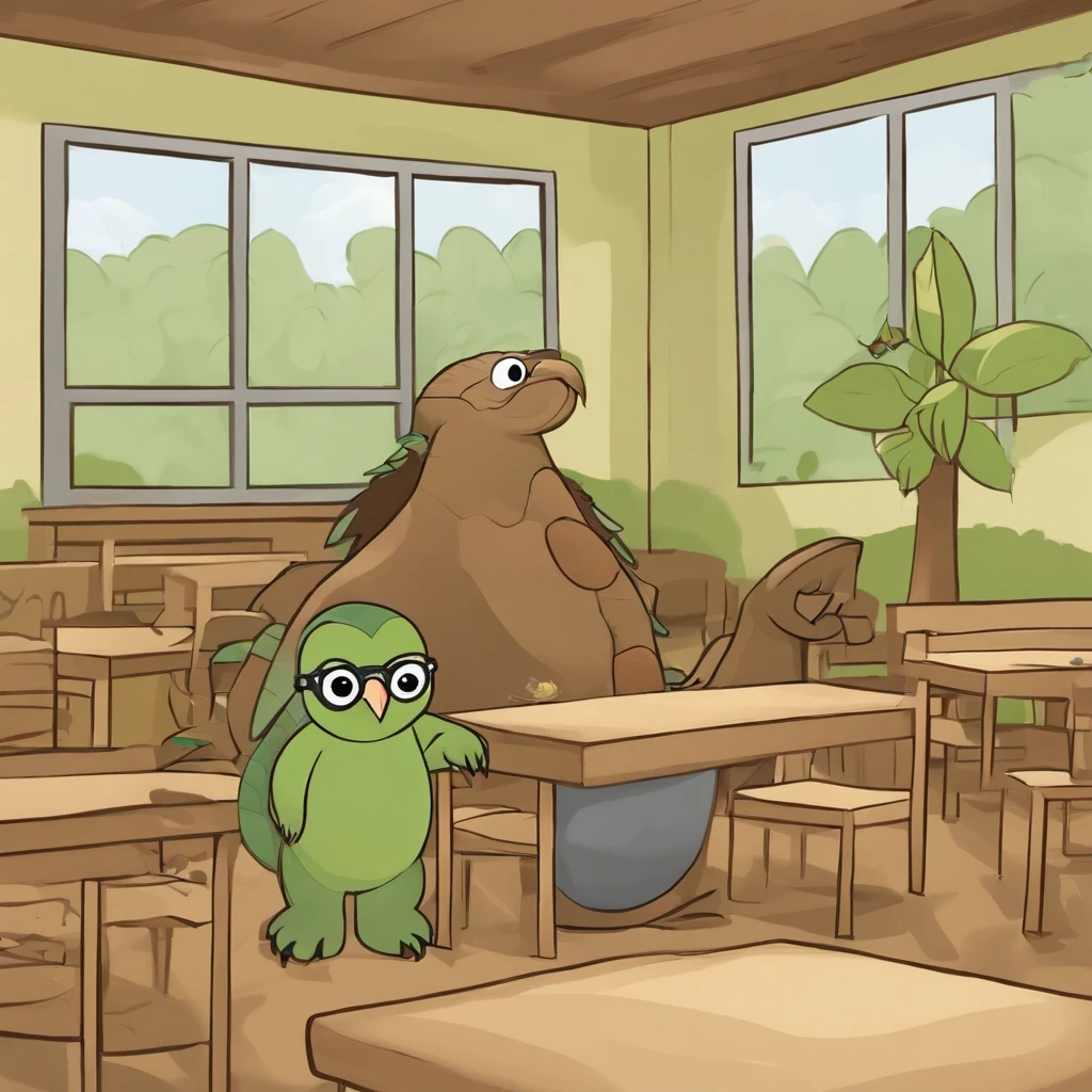 make a page of a fable with this information below all the characters are animals I don't want them to be human The title is An animal school environment: a dense forest that appears to be a classroom with the teacher being a snake and the other animals being students student:the turtle that has claw scars on its shell and is sitting on a tree stump doing some school activity on a large tree leaf student:a porcupine with the tip of its white quills that is talking to the teacher what is a snake that is near her desk what is a tree trunk student:a bull that has one of its two horns partially broken he is leaving the room to go to the student bathroom:blind owl with completely white eyes she is getting help from her monkey colleague who helps her do her homework on her big tree leaf teacher: a snake wearing janitor teacher glasses an octopus that is removing rubbish from the classroom floor and putting it in a black rubbish bag when there is a student: is to make the animals described with this student: sitting in his seat doing what any student would do, the teacher: is playing the role of a teacher
