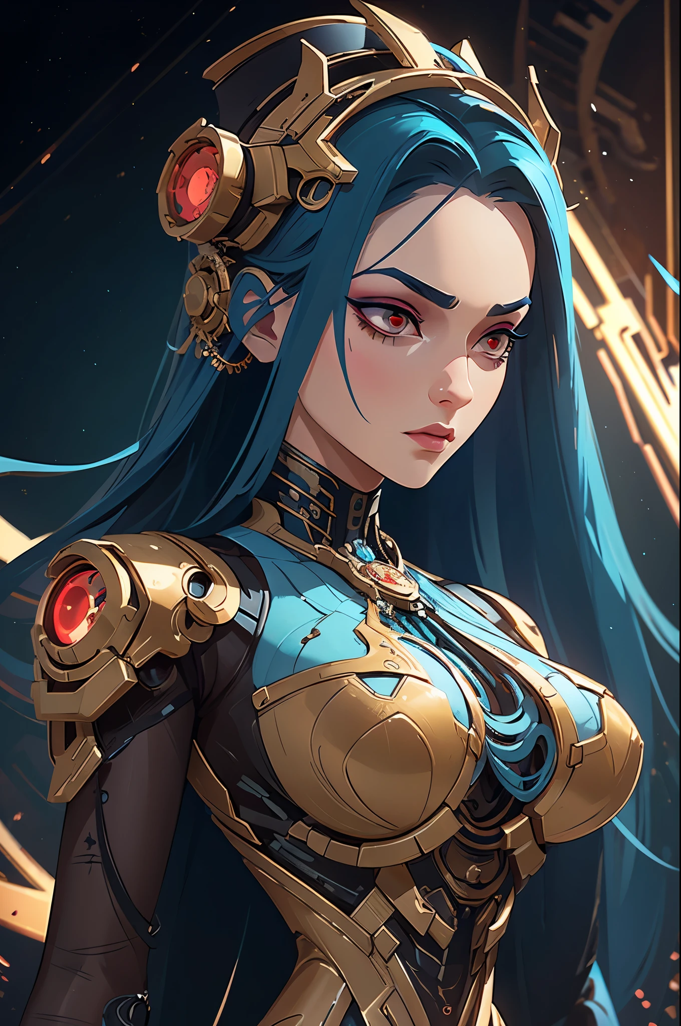 This is an artistic digital illustration portraying the bust of a female figure with cybernetic enhancements and an elaborate mechanical headdress. The figure's facial expression is passive yet intense, with striking red eyes and blue makeup accentuating her features against the contrasting cool metallic tones of the machinery. Rich in detail, the artwork blends organic and mechanical aesthetics, combining smooth human skin with intricate gears, wires, and dripping.