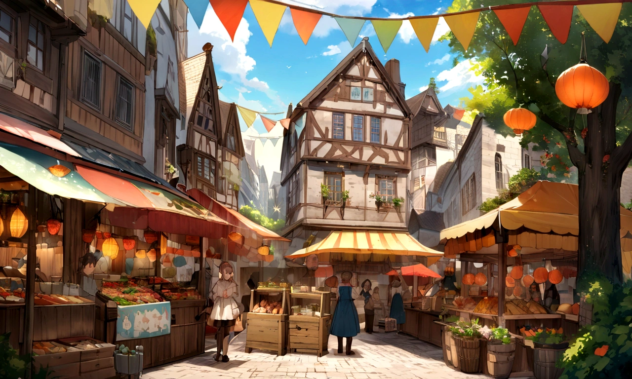 ((((masterpiece, Best Quality, High resolution)))), High detail, manga,anime,Illustrated style,Use of bright colors,Ghibli Studio「Howl's Moving Castle」The colors are like those used in daytime scenes., Medieval European fantasy worldview, There is no castle in the background, Fountain Square, Market Square during the day, Festival scene in the square, Stalls on both sides of the screen、Sparkling water gushes out in the sunlight., Large space, Bustling food stalls,Lots of food stalls,There aren't many people,人の着ている服はGhibli Studioの魔女の宅急便のような雰囲気, RPG-like scenery, Colorful stalls selling delicious looking foods, The sky is bright blue、Fluffy white clouds floating, And the sun is shining brightly, Create a magical and cozy atmosphere, It's winter but the atmosphere is bright.