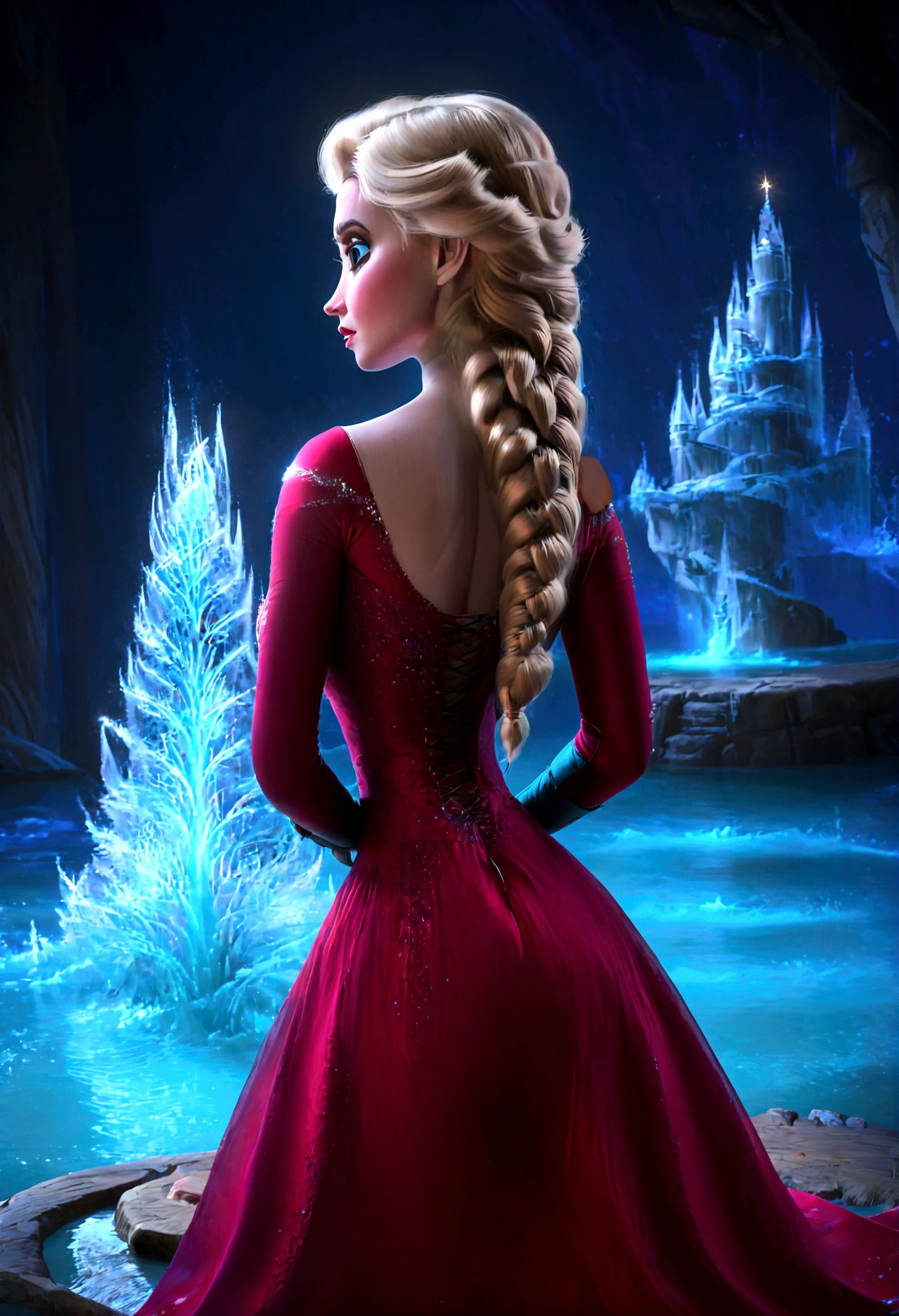 1girl, elsa \(frozen\) sitting by frozen lake, sysdeep_elsa, (single braid), red_dress, red_pantyhose, gloves, lipstick, upper body, long hair, makeup, eyeshadow, worm light, solo, disney, (Back View, from behind:1.4), looking back over shoulder, anime screenshot, source_anime, dramatic composition, cinematic dynamic action scene, vibrant colors, cinematic lighting, dramatic lighting, best quality, masterpiece, very aesthetic, perfect composition, intricate details, ultra-detailed