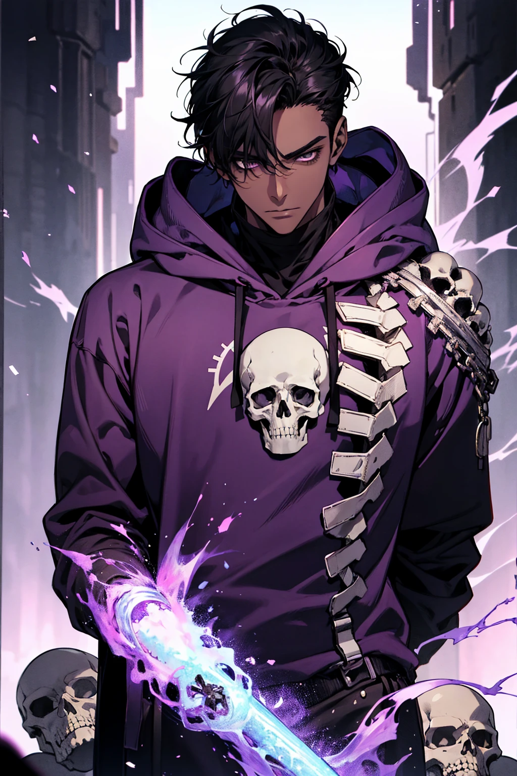 male with bones, looking away from camera, skulls, bones, handsome, black, dark skin, tall, broad shoulders, black hair, purple, purple fire, magic, detailed face, fantasy, hoodie
