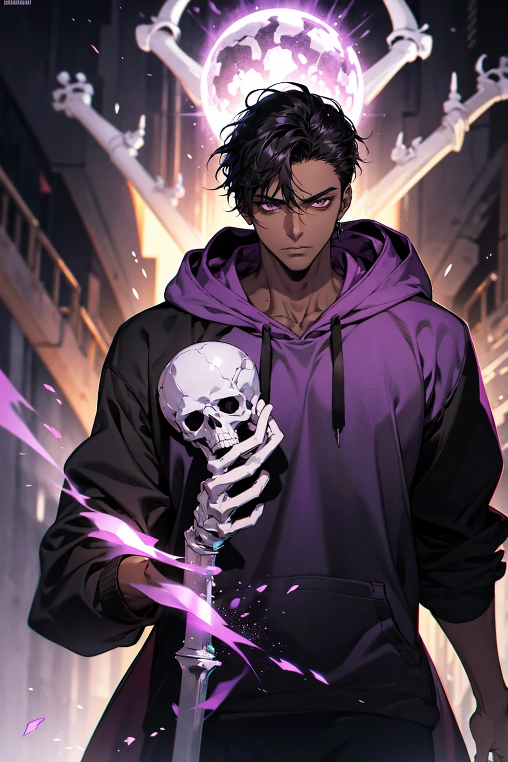 male with bones, looking away from camera, skulls, bones, handsome, black, dark skin, tall, broad shoulders, black hair, purple, purple fire, magic, detailed face, fantasy, hoodie