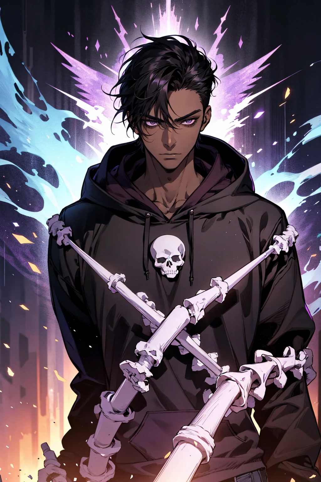 male with bones, looking away from camera, skulls, bones, handsome, black, dark skin, tall, broad shoulders, black hair, purple, purple fire, magic, detailed face, fantasy, hoodie
