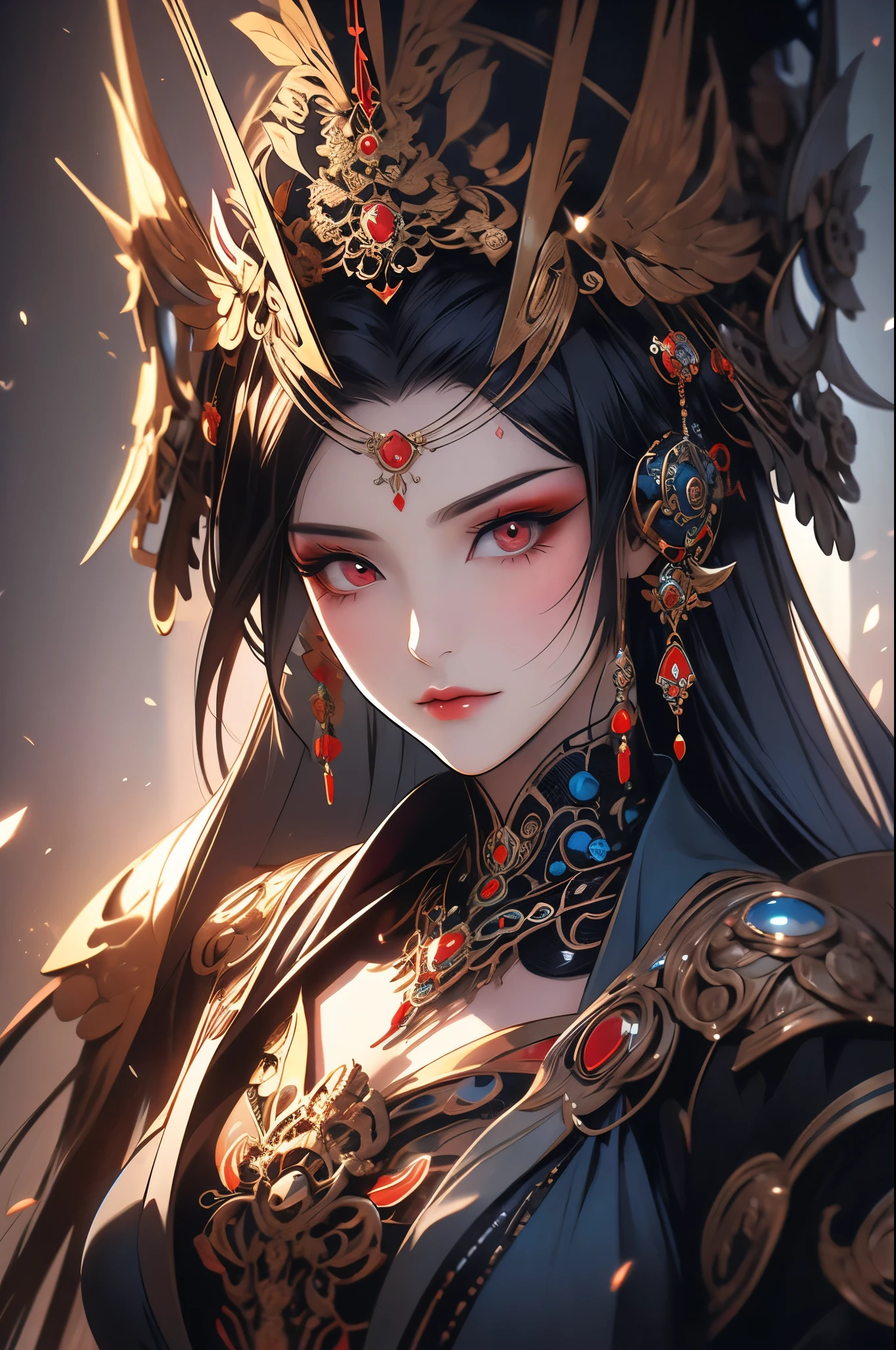 This is an artistic digital illustration portraying the bust of a female figure with cybernetic enhancements and an elaborate mechanical headdress. The figure's facial expression is passive yet intense, with striking red eyes and blue makeup accentuating her features against the contrasting cool metallic tones of the machinery. Rich in detail, the artwork blends organic and mechanical aesthetics, combining smooth human skin with intricate gears, wires, and dripping.