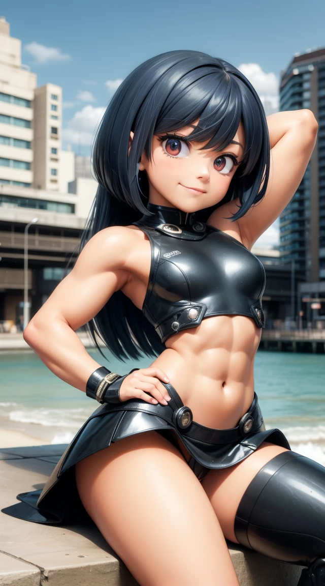 (cabello despeinado), (illustration), retrato, (fondo de ciudad futurista), (arms behind back), Cintura delgada, gran sonrisa, abdominales fuertes, chica delgada, strong abs, muscle girl, front pose, big thighs, focus on face, flat chested, large city background, blue hair, red eyes, skirt, sit on rock, detailed vagina, nude, heavy armor suit