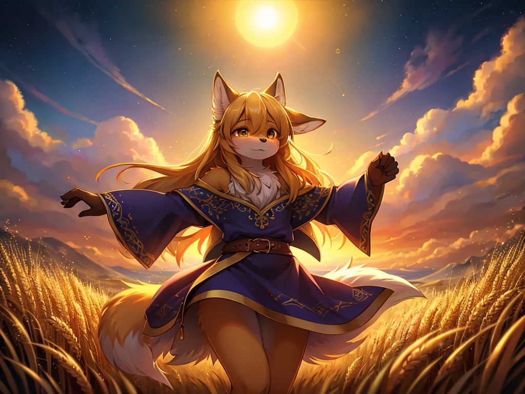 Hallucination, daydream , nightmare , bokeh , Wolves dancing in a sea of golden wheat , sun set