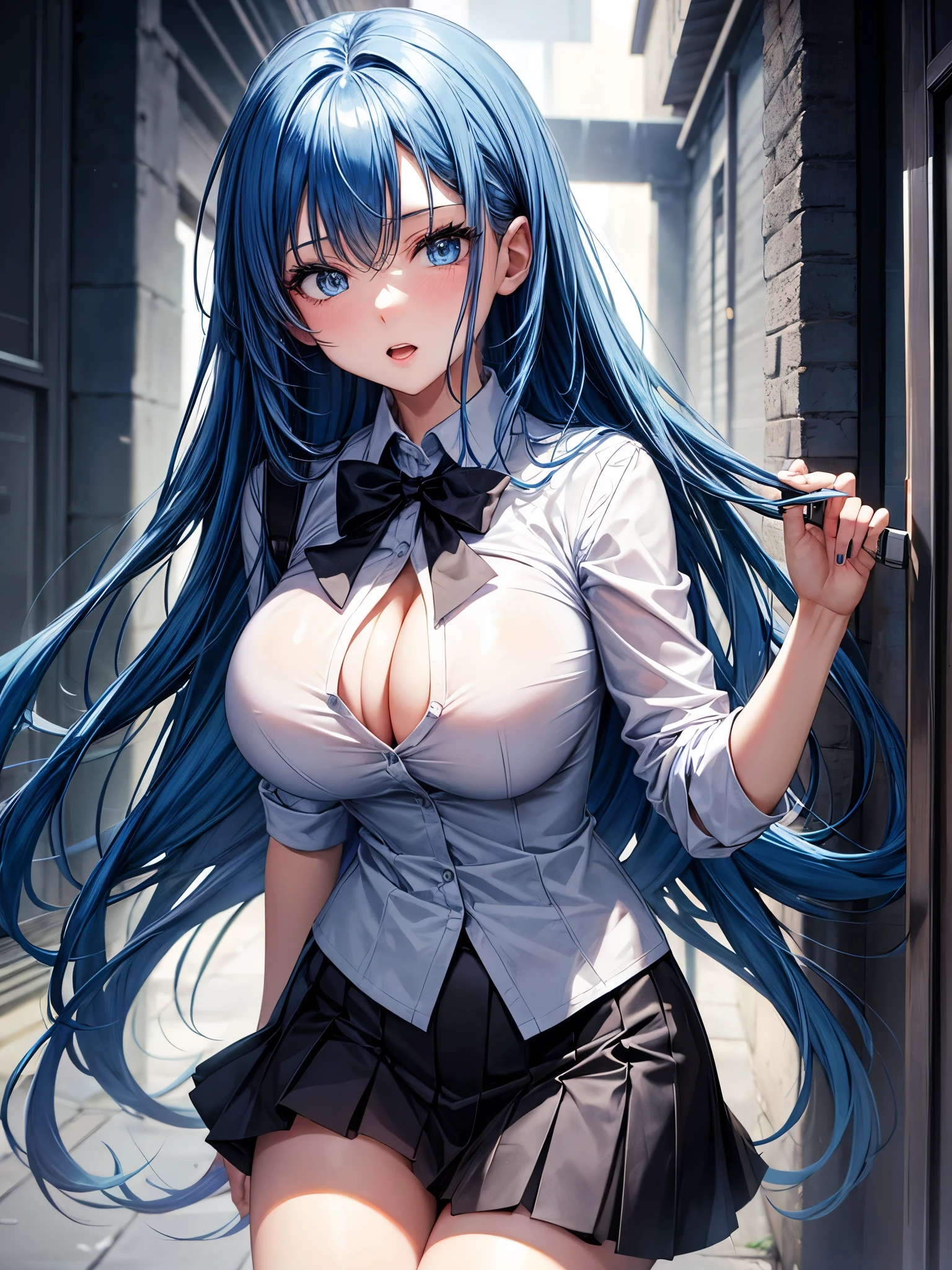 Hot woman, blue hair, blue eyes, black school clothes, big tits