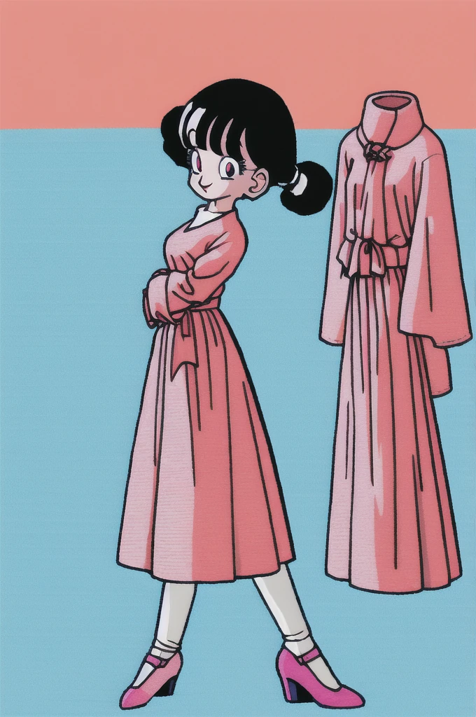 akira toriyama style,1girl, mature lady, solo, modern clothes, long black hair, pink eyes, anime coloring, innocent smile, ((masterpiece))