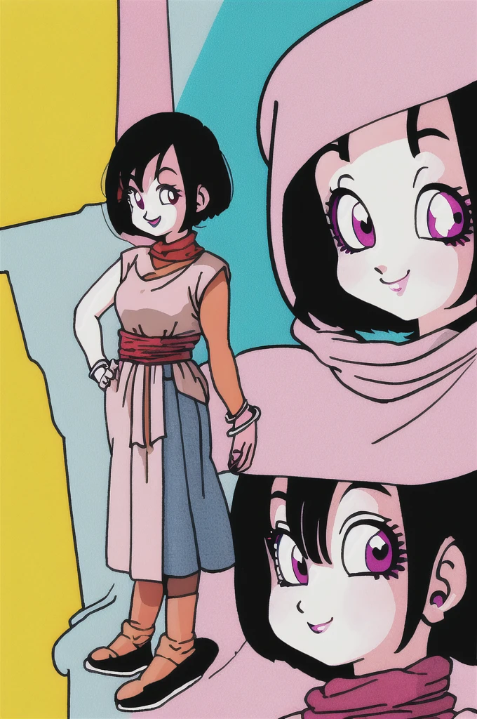 akira toriyama style,1girl, mature lady, solo, modern clothes, long black hair, pink eyes, anime coloring, innocent smile, ((masterpiece))
