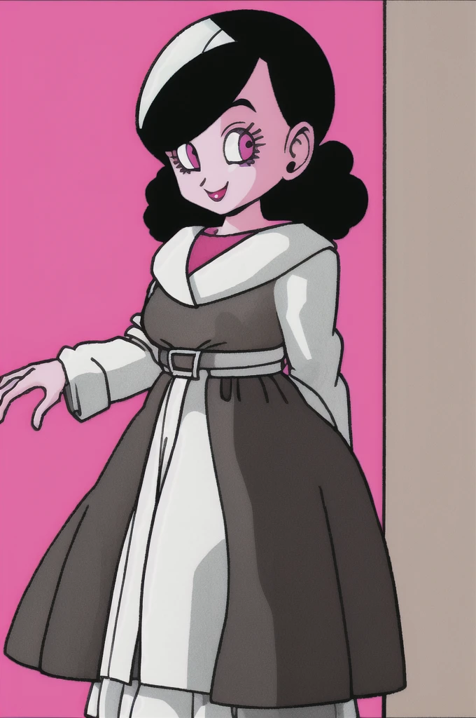 akira toriyama style,1girl, mature lady, solo, modern clothes, long black hair, pink eyes, anime coloring, innocent smile, ((masterpiece)) 