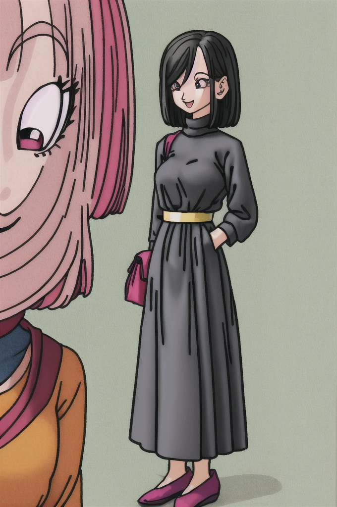 akira toriyama style,1girl, mature lady, solo, modern clothes, long black hair, pink eyes, anime coloring, innocent smile, ((masterpiece))