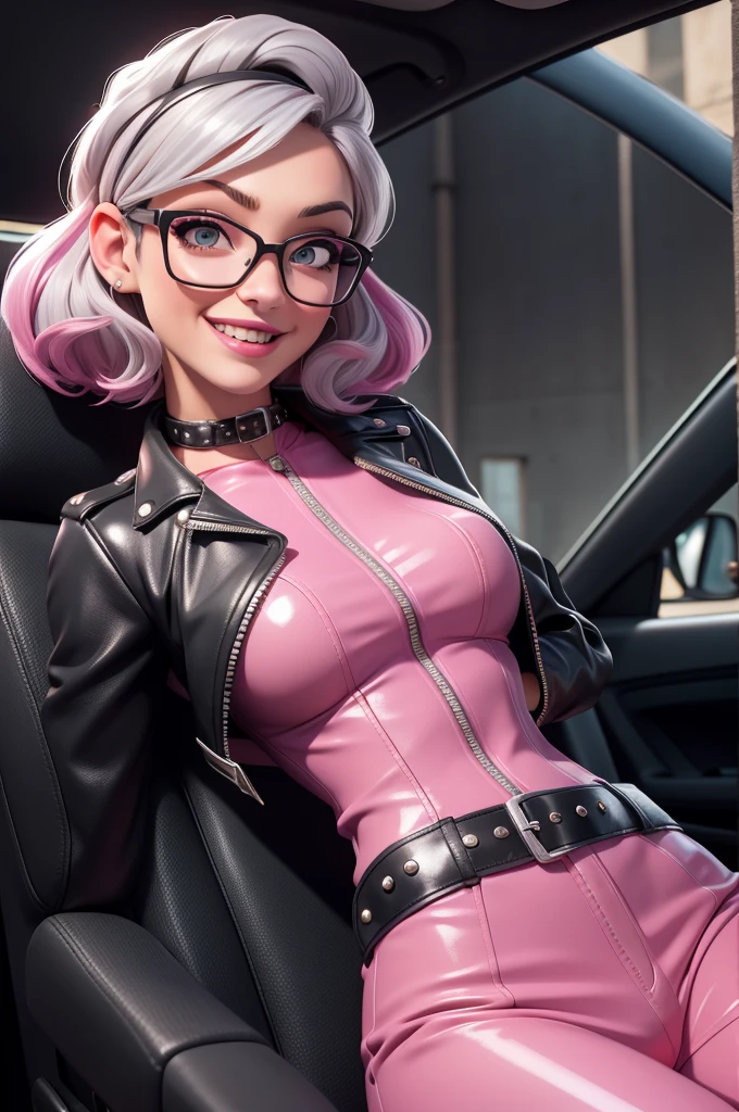 obra prima, melhor qualidade, (kat timpf 70yo face wrinkles) head back, sassy wicked girl, big toothy smile, open mouth, shiny pastel lipstick, short silver emo hair, black plastic glasses, leather biker jacket, leather chaps with fringe, leather beret, nipples, (metallic hot pink leather,) studs zippers snaps, shiny leather gloves, body is skinny, reclining in car seat, arched back, hips twisted, stick shift, overhead camera view, looking down at me, shallow depth of field, highres, HD, 8k, anatomically correct