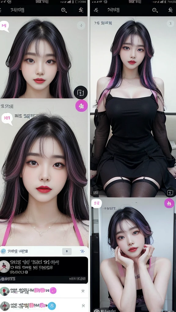  (high quality), (SFW), (vertical split screen:1.6), (Various scans:1.5),  (A mature prostitute who enjoys a smartphone chat app with numerous Korean adult men.. : 1.6), (The girl has colorful dyed hair and pretty face makeup. : 1.4), (She wears a feminine dress and stockings., Sitting on bed wearing strappy high heels and chatting online with several men...), Her smartphone display shows a number of adult Korean men chatting with her., Chat language is English., The man is waiting for her answer, Each pop-up window is displayed.., chat history, Online Profiles and Photos, And the man asks her to chat on the smartphone screen.. He and she take turns messaging on a chat app.., her time is night,