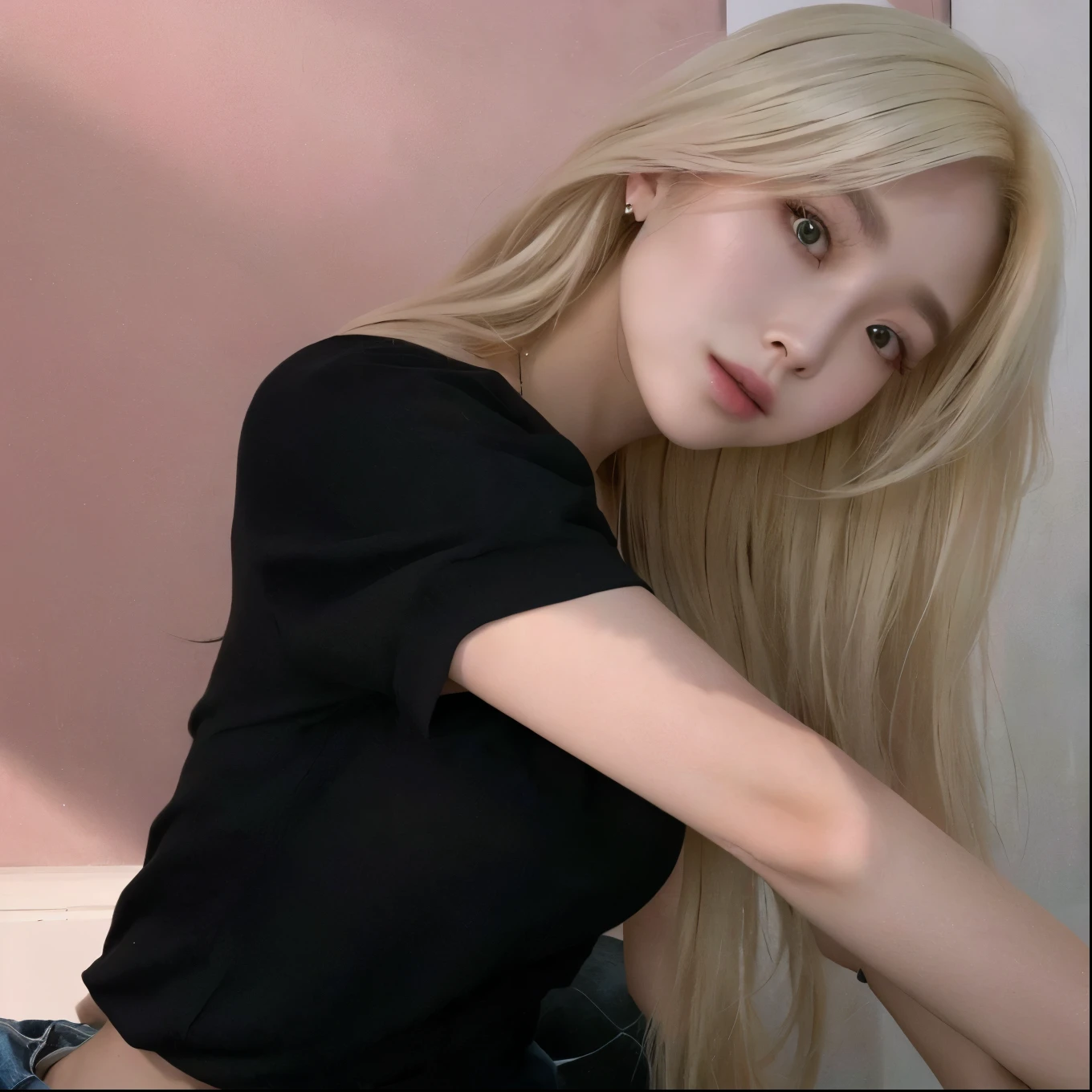 blond woman com cabelo comprido posing in a black top and jeans, ava max, com longos cabelos loiros, com longos cabelos brancos, com cabelos longos brancos, coreana, parque roseanne de blackpink, Ulzzang, her hair is white, cabelo loiro extremamente claro, cabelo loiro muito claro, com cabelo comprido, linda mulher sul-coreana, longos cabelos brancos e franja