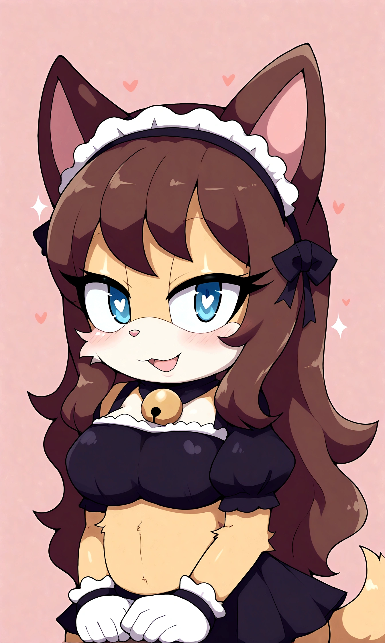 best quality,best resolution,(fluffy anthro furry :1.6),(young :1.6),cat girl,small breasts,dark brown hair,long hair,wavy hair,curvy hair,gold canine fur,gold dog tail,gold fur,blue eyes,glistering eyes,sparkle eyes,small bell collar,maid outfit,maid headdress,maid gloves,ruffles,beautiful cafe,white light,looking at viewer,full face blush,happy face,smile,heart eyes,heart expression eyes,very close eyes,one eyes close,sexy pose, lush breasts
