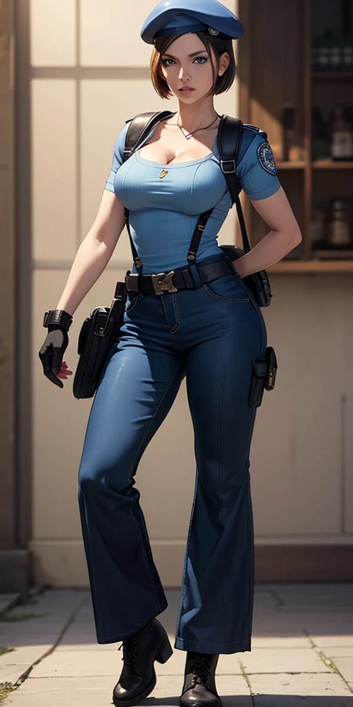 Jill Valentine, full body, masterpiece, best quality, 1girl, solo, standing, jillre1, beret, uniform, shoulder pads, short sleeves, harness, belt, bell-bottom blue pants(Wide flares on pants:1.2), cleavage, black boots, full body, perfect blue eyes, perfect red mouth,