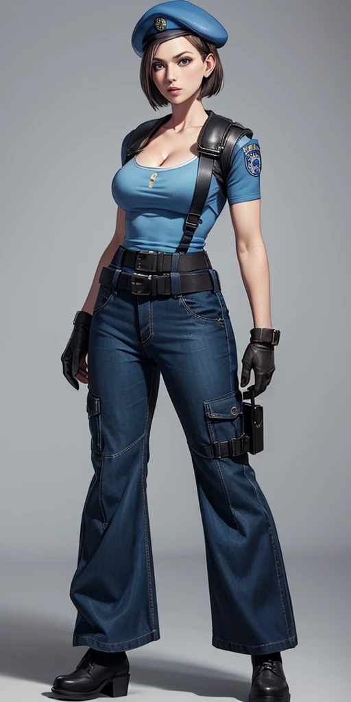 Jill Valentine, full body, masterpiece, best quality, 1girl, solo, standing, jillre1, beret, uniform, shoulder pads, short sleeves, harness, belt, bell-bottom blue pants(Wide flares on pants:1.2), cleavage, black boots, full body, perfect blue eyes, perfect red mouth,
