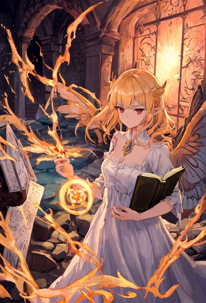 Fairy girl with wings and a book in hand, Classic Long Dress, Fairy Wings, Red eyes and Blonde Hair, Golden Hair, Serious face, Magic, arcane powers, RPG Character, pointy ears, look serious, casting a spell, casting a fire spell, action scene, in a battle, fighting scene, fire, 4k, full hd, detailed image, high quality image, detailed hands, five fingers