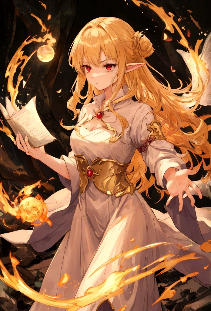 Fairy girl with wings and a book in hand, Classic Long Dress, Fairy Wings, Red eyes and Blonde Hair, Golden Hair, Serious face, Magic, arcane powers, RPG Character, pointy ears, look serious, casting a spell, casting a fire spell, action scene, in a battle, fighting scene, fire, 4k, full hd, detailed image, high quality image, detailed hands, five fingers
