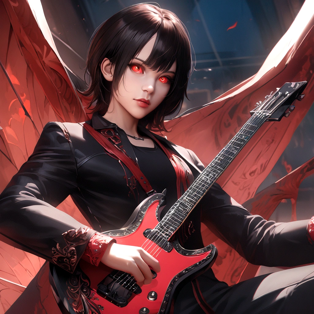 a black-haired anime man, extremely detailed eyes, beautiful detailed lips, longeyelashes, cinematic lighting, dramatic dynamic pose, 8k resolution, stunning masterpiece, black background, red wine glass, black electric guitar in hand, photorealistic, hyperrealistic, digital art, dramatic lighting, moody atmosphere, highly detailed, intricate details, sharp focus, vivid colors, conceptart