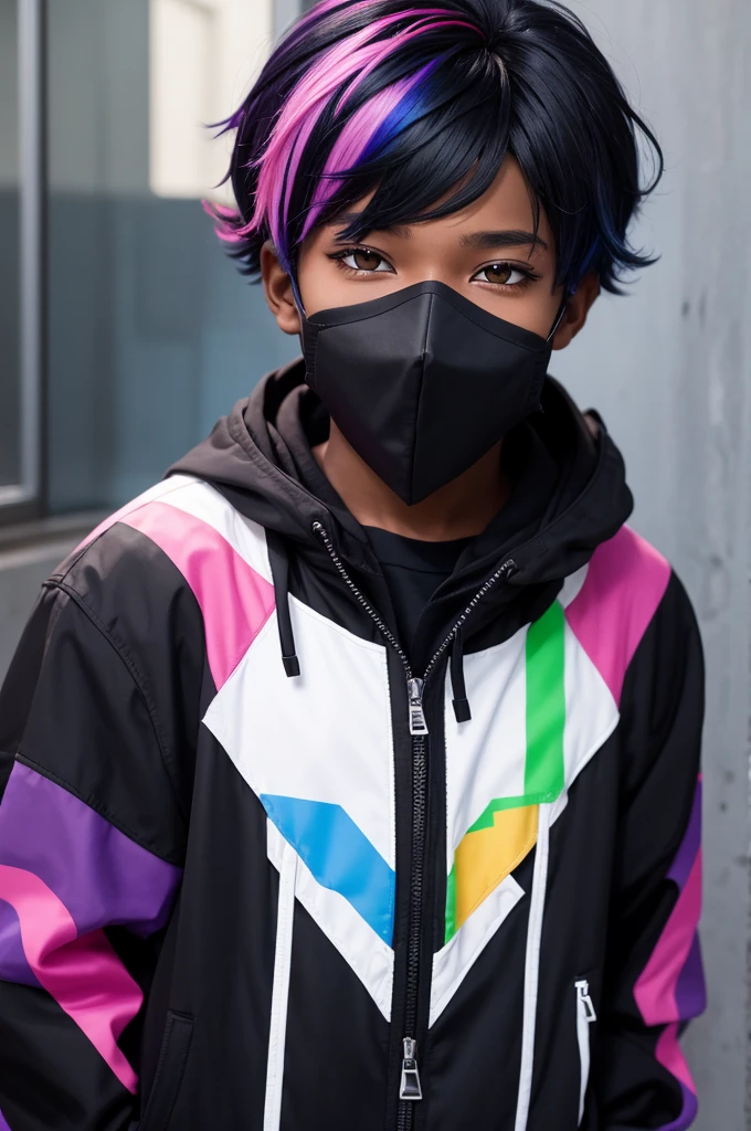 Teenager black boy with bright colorful rainbow hair and a messy bang, with a reverse black cap, purple eyes and a black mask, and black coat, anime style