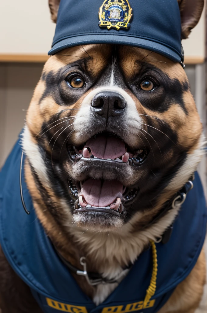 an anthropomorphic Nuggu polidog dressed as a police officer growling slightly at a suspect, masterpiece, best, photo realistic