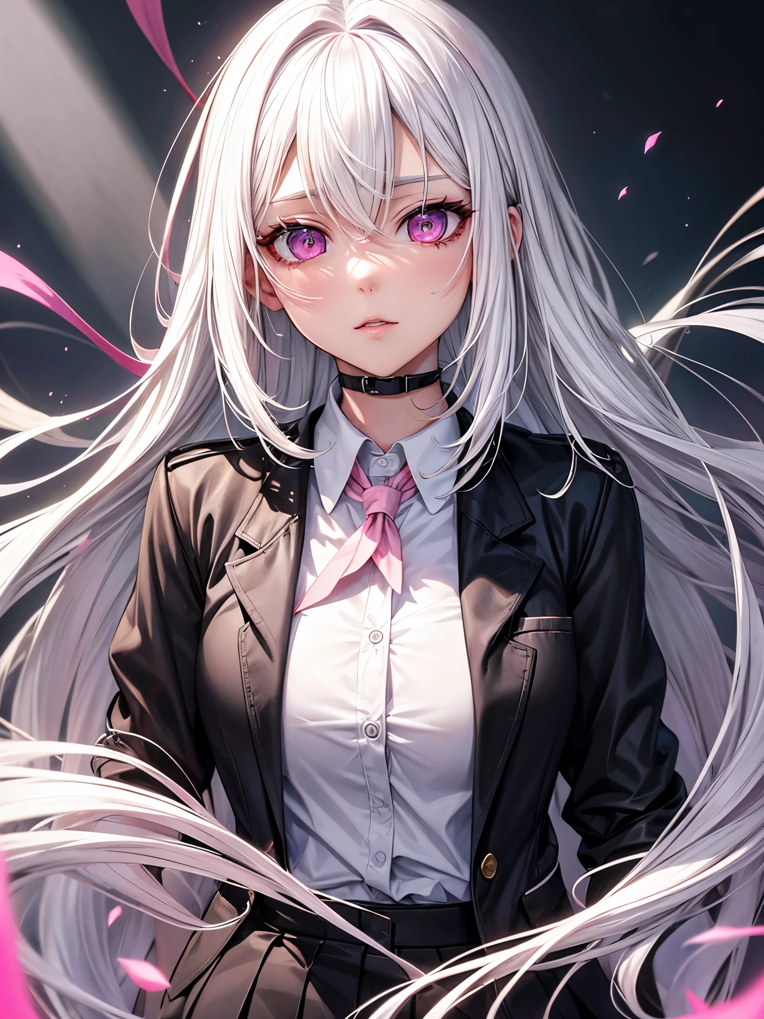 Hot woman, white hair, pink eyes, black school clothes
