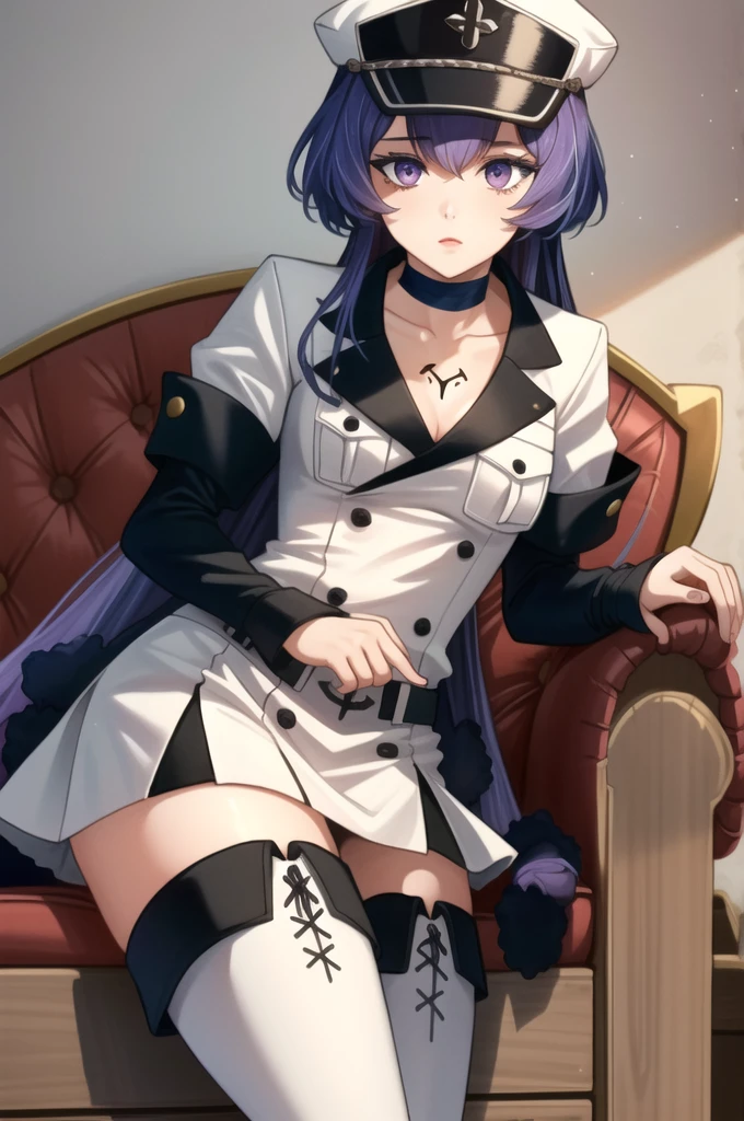(masterpiece, best quality), intricate details,
1girl, Bernadetta, purple hair, purple eyes, long hair, hat, peaked cap, military, uniform, military uniform, choker, thighhighs, boots, thigh boots, white footwear, chest tattoo,