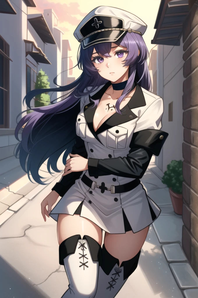 (masterpiece, best quality), intricate details,
1girl, Bernadetta, purple hair, purple eyes, long hair, hat, peaked cap, military, uniform, military uniform, choker, thighhighs, boots, thigh boots, white footwear, chest tattoo,